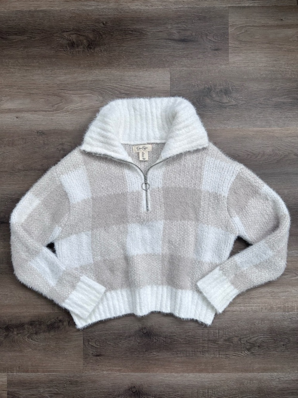 Jessica Simpson Cream and Beige Plaid Half-Zip Sweater